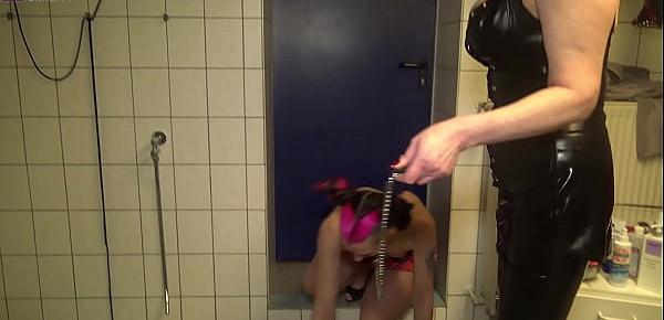  Young and thin female slave, farts and pukes, a guy, cream and vomit, in the mouth! Split-Screen Movie!